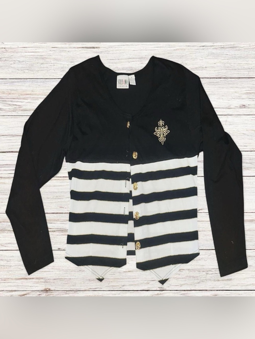Stefano Black & White Striped Button Cardigan with Gold Details